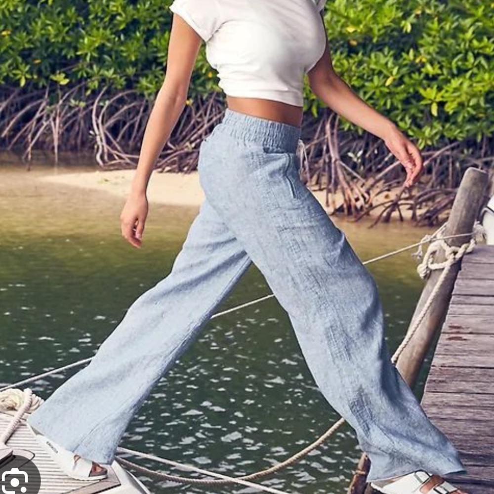 Athleta blue linen Cabo wide leg pants 2